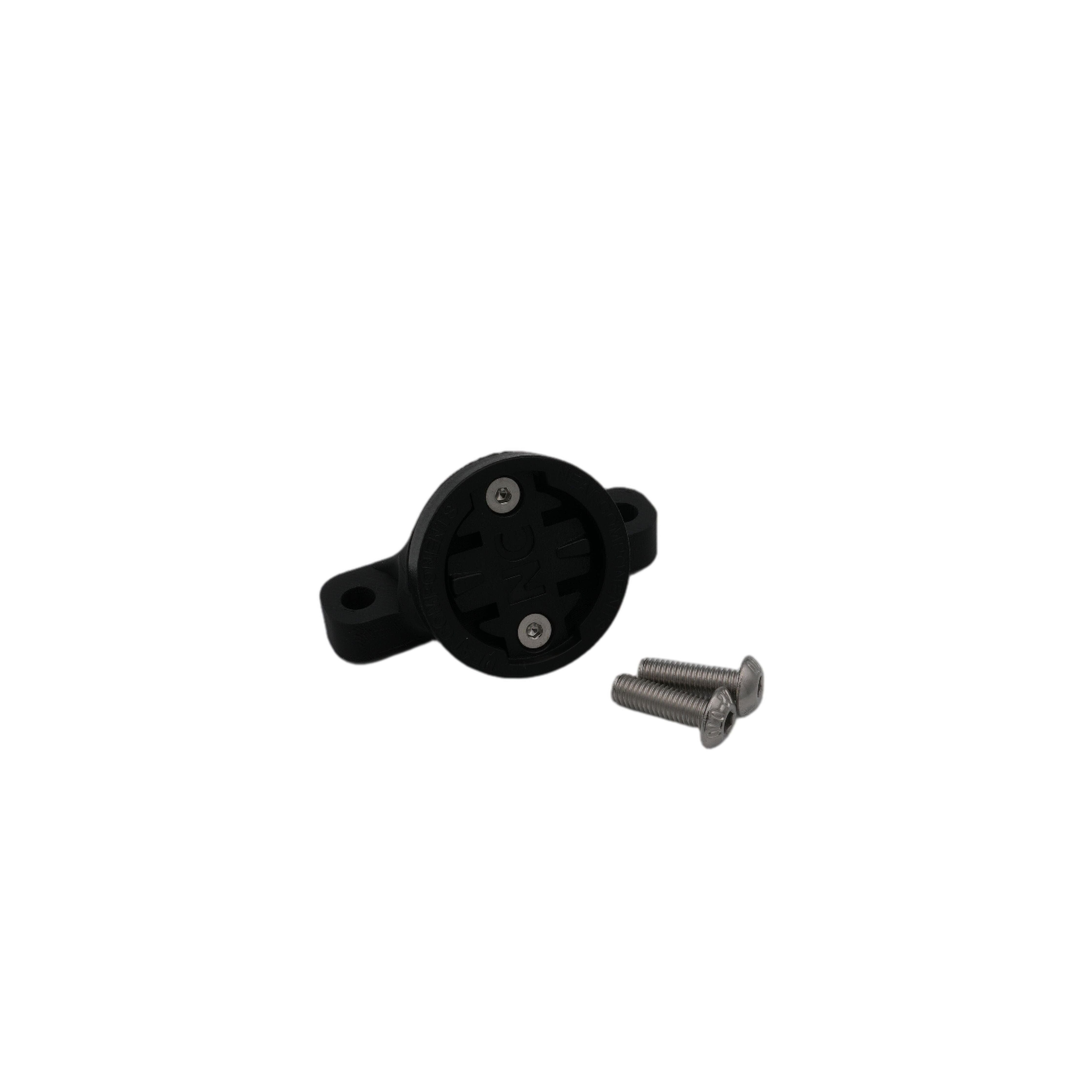 Black saddle mount for Bontrager and Blendr saddles with Garmin fitting and stainless steel mounting hardware