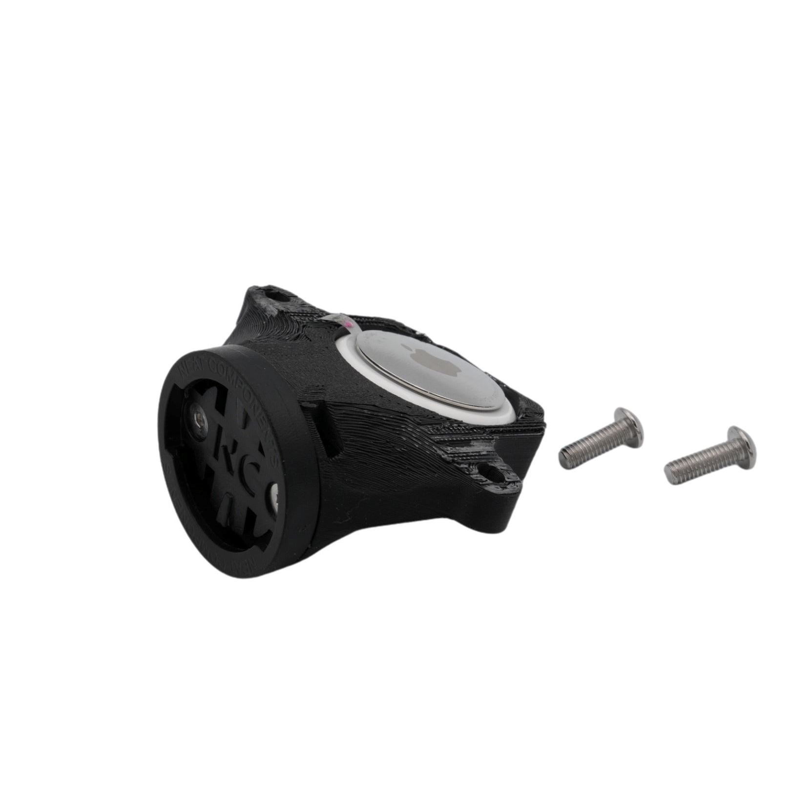 Black saddle mount for Prologo saddles with hidden Apple AirTag holder and Garmin Varia fitting