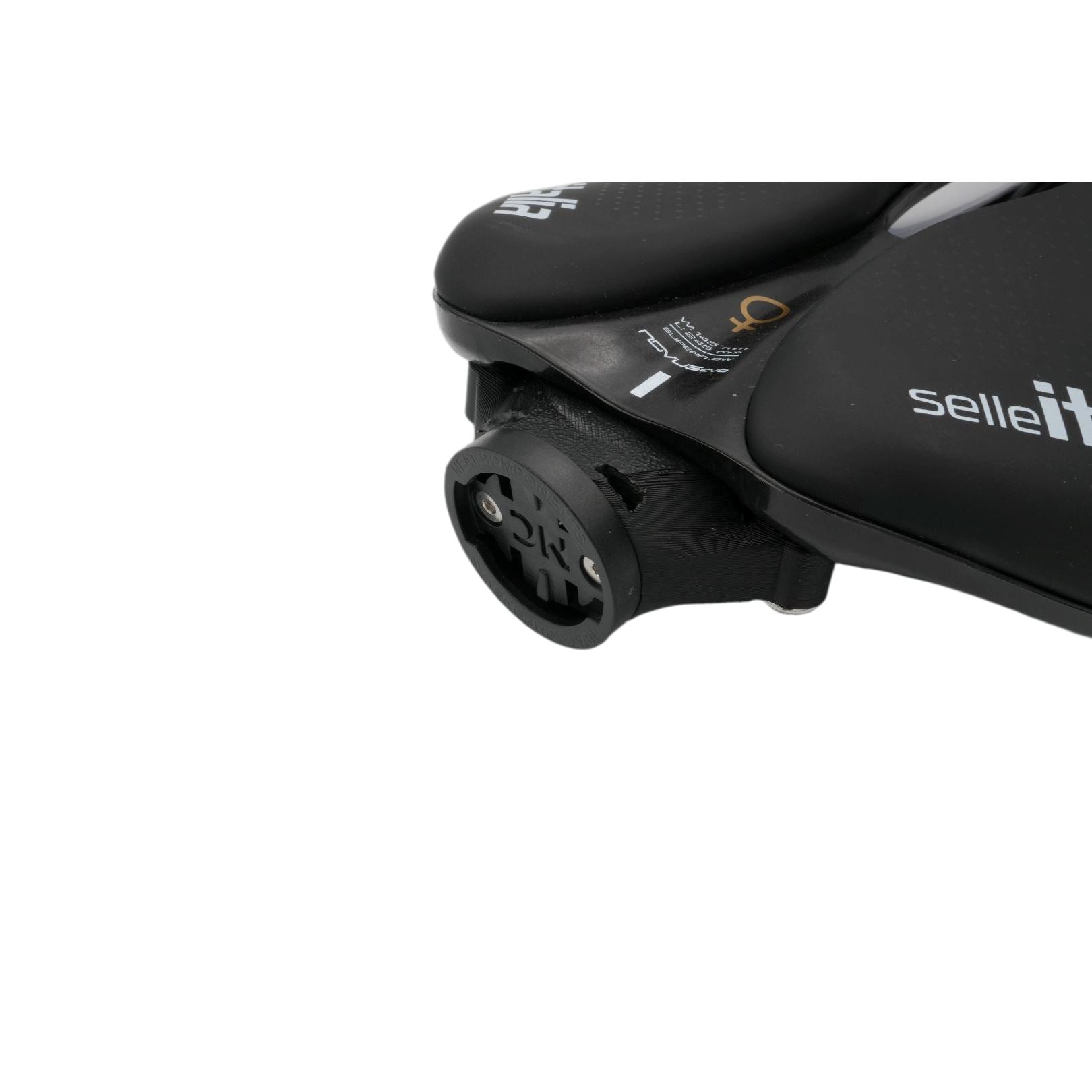 Saddle mount with Garmin quarter-turn fitting installed under Selle Italia saddle for Specialized SWAT system